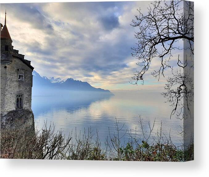 Geneva Canvas Print featuring the photograph Castle on Lake Geneva by Andrea Whitaker