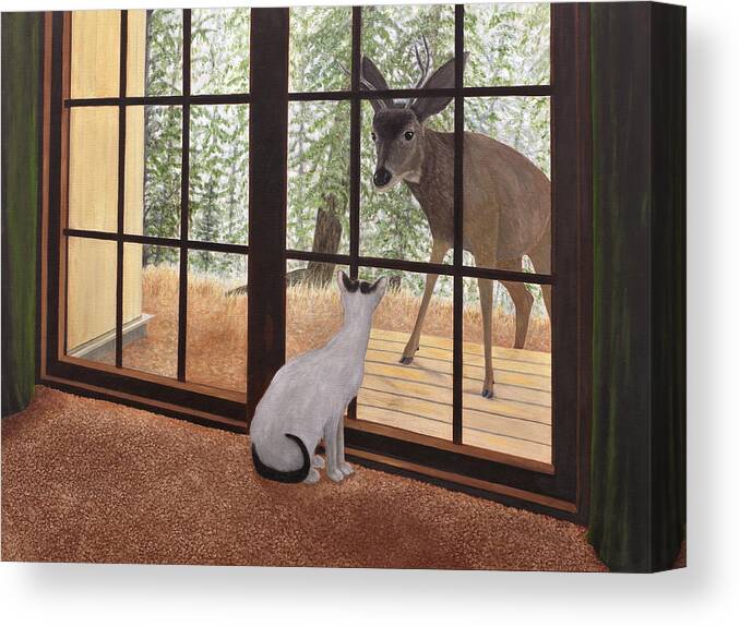 Cat Canvas Print featuring the painting Cat Meets Deer by Karen Zuk Rosenblatt