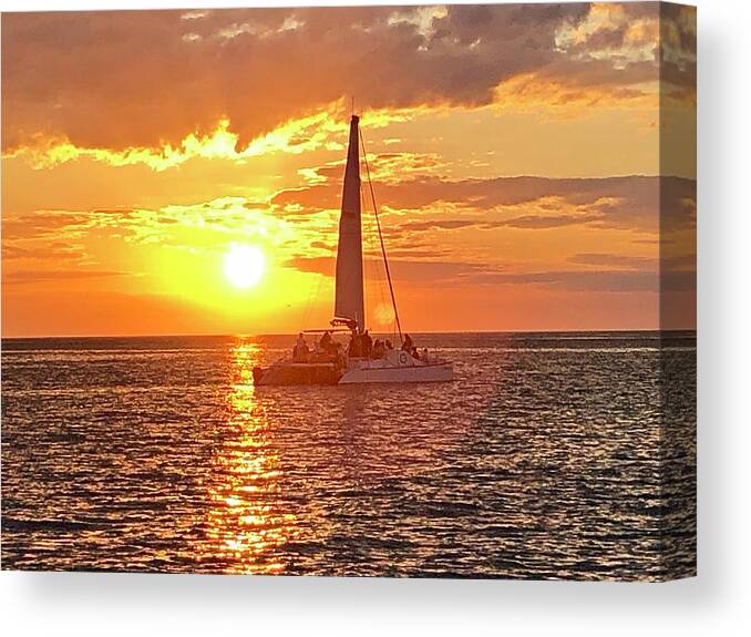 Beach Canvas Print featuring the photograph Catamaran Sailing Past Sunset in Captiva Island Florida 2019 by Shelly Tschupp