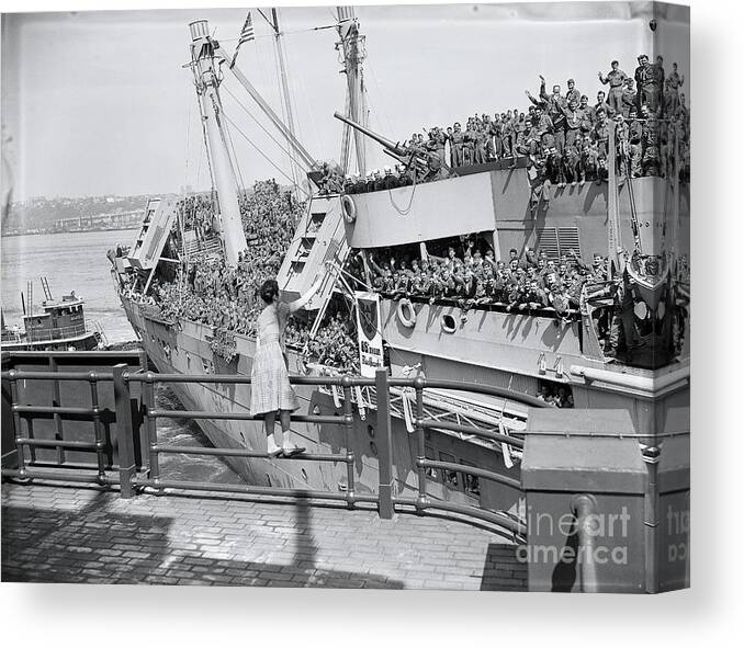 People Canvas Print featuring the photograph Cheering Soldiers On Ship Deck In New by Bettmann