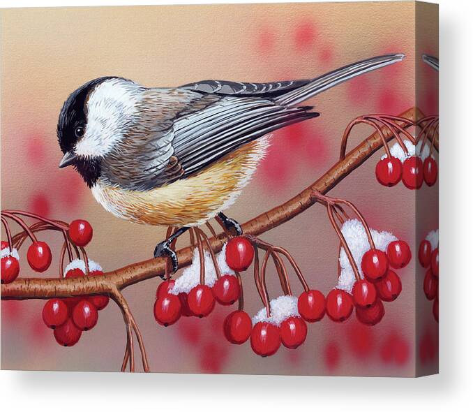 Bird Canvas Print featuring the painting Chickadee With Berries by William Vanderdasson