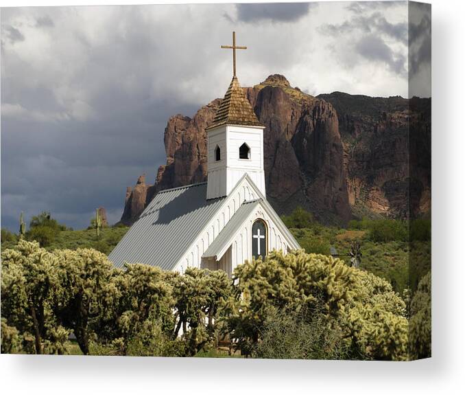 Architectural Feature Canvas Print featuring the photograph Church In Arizona Desert by Sassy1902