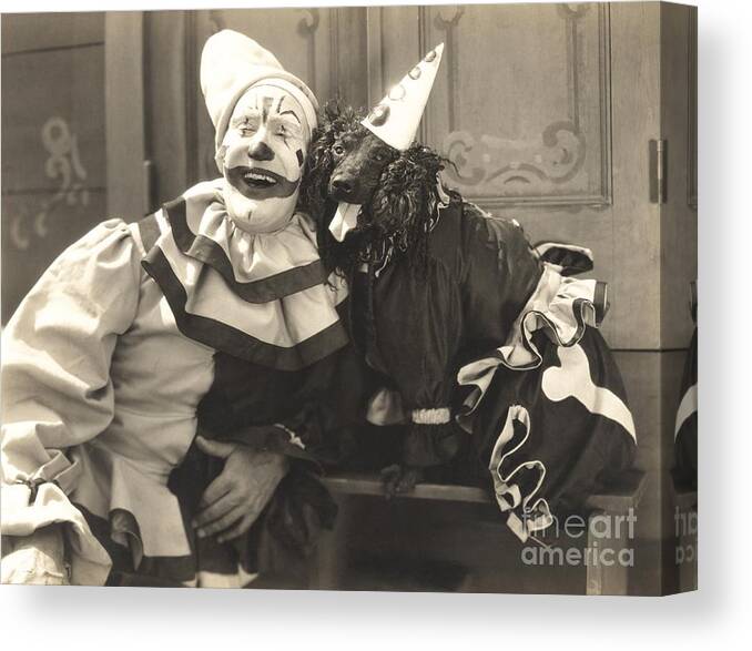 Makeup Canvas Print featuring the photograph Clown Posing With Dog Dressed In Clown by Everett Collection