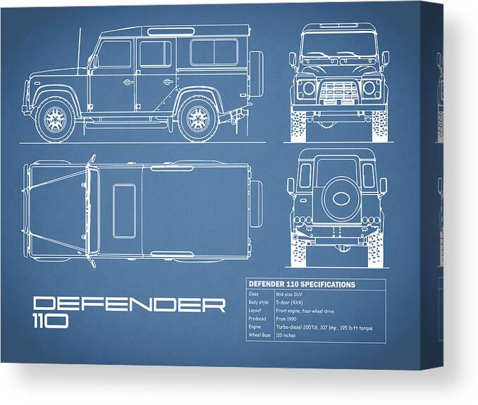 Defender 110 Blueprint Canvas Print featuring the photograph Defender 110 Blueprint by Mark Rogan