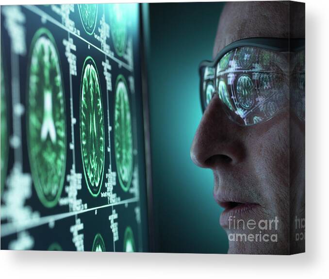 Doctor Canvas Print featuring the photograph Doctor Examining Mri Brain Scans by Tek Image/science Photo Library