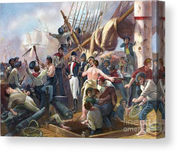 Engraving Canvas Print featuring the photograph Engraving Of Battle Of Lake Champlain by Bettmann
