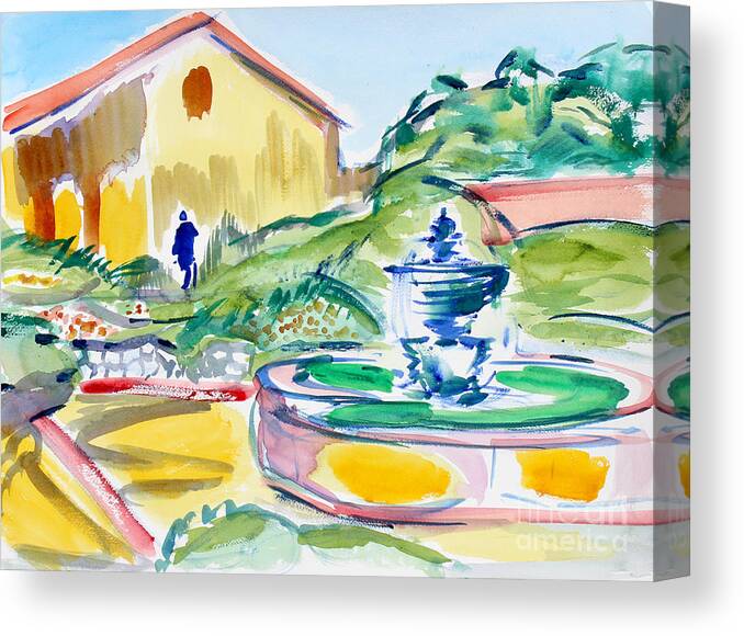 Father Serra Statue And Fountain Canvas Print featuring the painting Father Serra Statue And Fountain, Carmel Mission by Richard Fox
