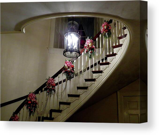 Staircase Canvas Print featuring the photograph Festooned Staircase Ready for Christmas by Linda Stern