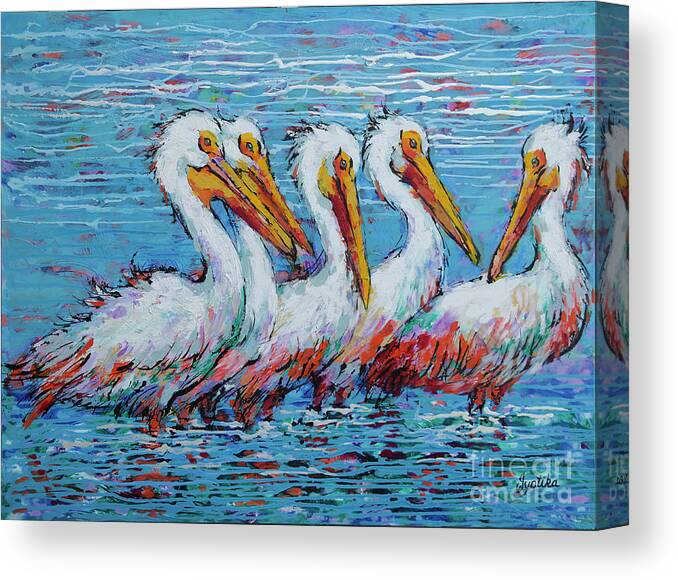  Canvas Print featuring the painting Flock Of White Pelicans by Jyotika Shroff