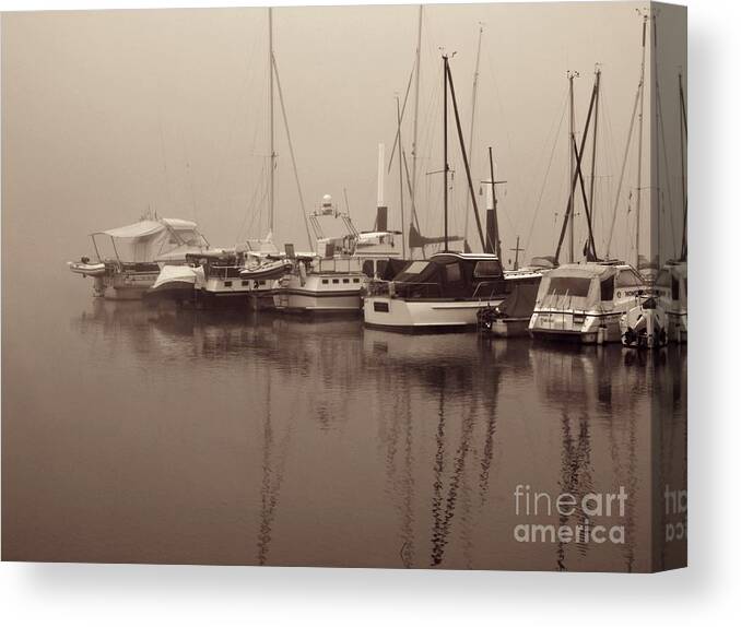 Boat Canvas Print featuring the photograph Fog on the Rhine Sepia by Sarah Loft