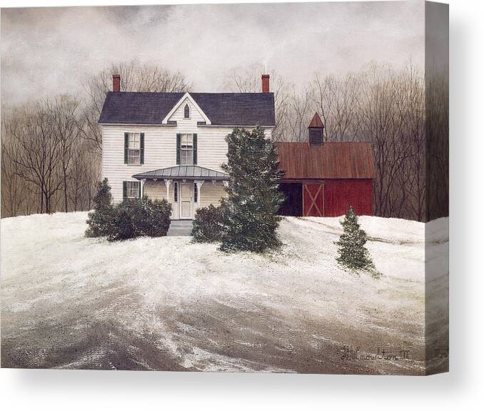 A White House With Blue Trim Sitting Amoung Snow Squall. Small Shrubs In Front Of House Canvas Print featuring the painting Grandma's House by David Knowlton