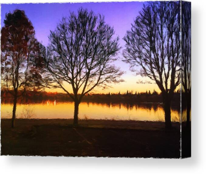 Seattle Canvas Print featuring the digital art Greenlake Dawn Intensity by Paisley O'Farrell