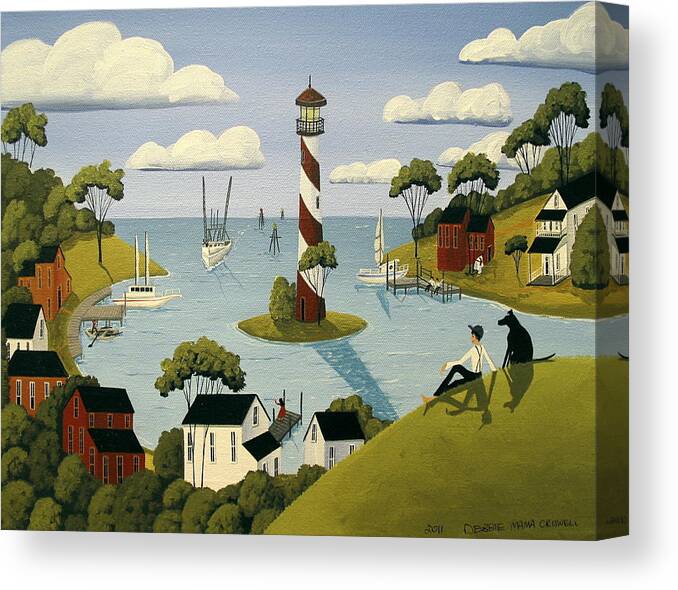 Harbor Canvas Print featuring the painting Harbor Town - folk art painting by Debbie Criswell