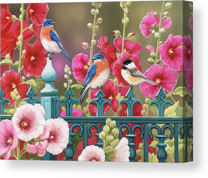 Birds Canvas Print featuring the painting Iron Fence With Hollyhocks by William Vanderdasson