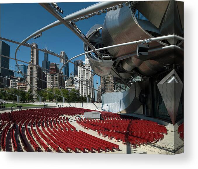 Chicago Canvas Print featuring the painting Jay Pritzker Pavilion by Frank Gehry in Grant Park, with Michigan Avenue buildings in the scene by Carol Highsmith