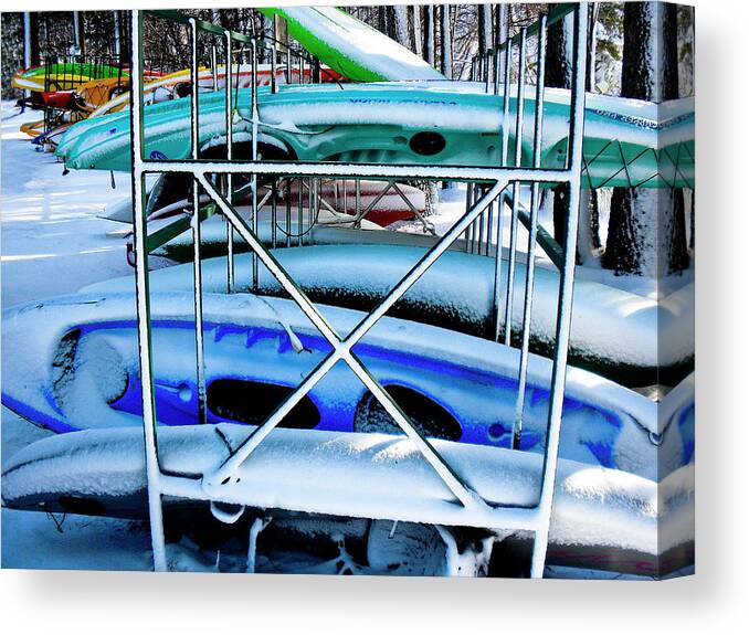 Kayaks Snow Tahoe Canvas Print featuring the photograph Kayaks in Snow by Neil Pankler