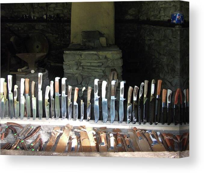 Knife Shop Canvas Print featuring the photograph Knife shop in Bulgaria by Martin Smith