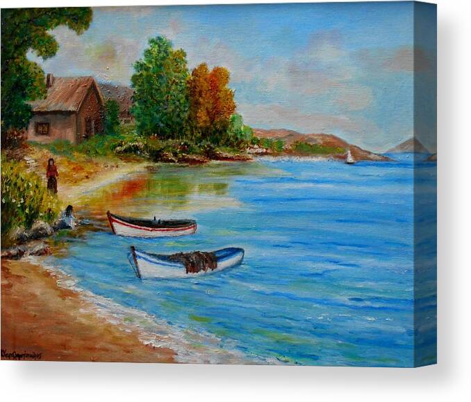 Landscape Canvas Print featuring the painting Living beside the sea by Konstantinos Charalampopoulos