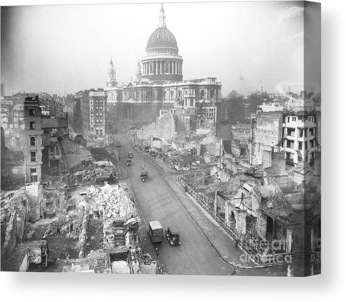 Air Attack Canvas Print featuring the photograph London Street, St. Pauls, After Air Raid by Bettmann