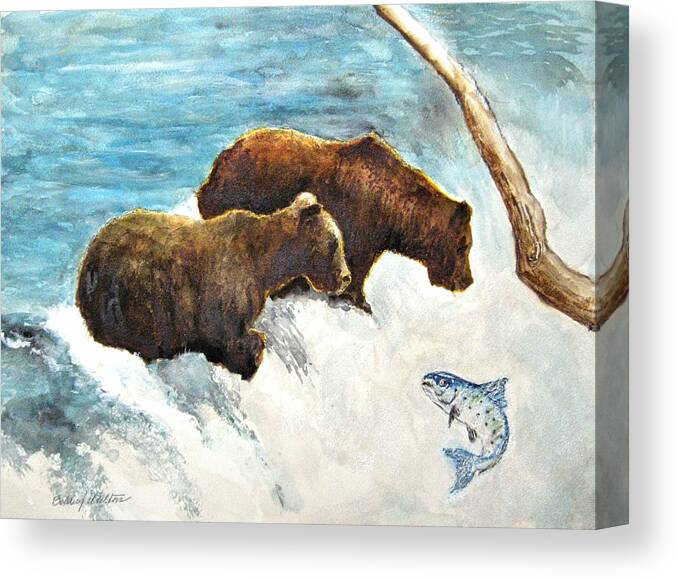 Bears. Water Canvas Print featuring the painting Lunch anyone? by Bobby Walters