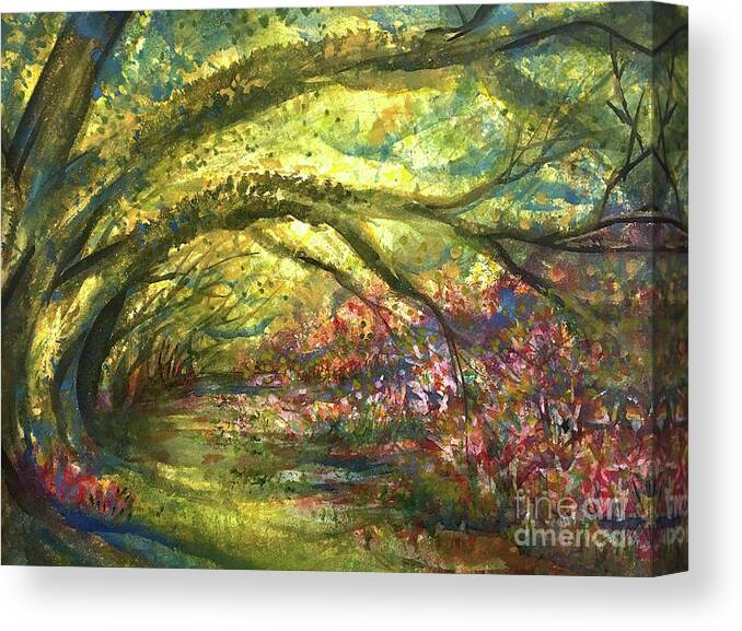 Impressionistic Floral Landscape Louisiana Watercolor Abstract Impressionism Water Bayou Lake Verret Blue Set Design Iris Abstract Painting Abstract Landscape Purple Trees Fishing Painting Bayou Scene Cypress Trees Swamp Bloom Elegant Flower Watercolor Coastal Bird Water Bird Interior Design Imaginative Landscape Oak Tree Louisiana Abstract Impressionism Set Design Fort Worth Texas Canvas Print featuring the painting LusciousPath by Francelle Theriot