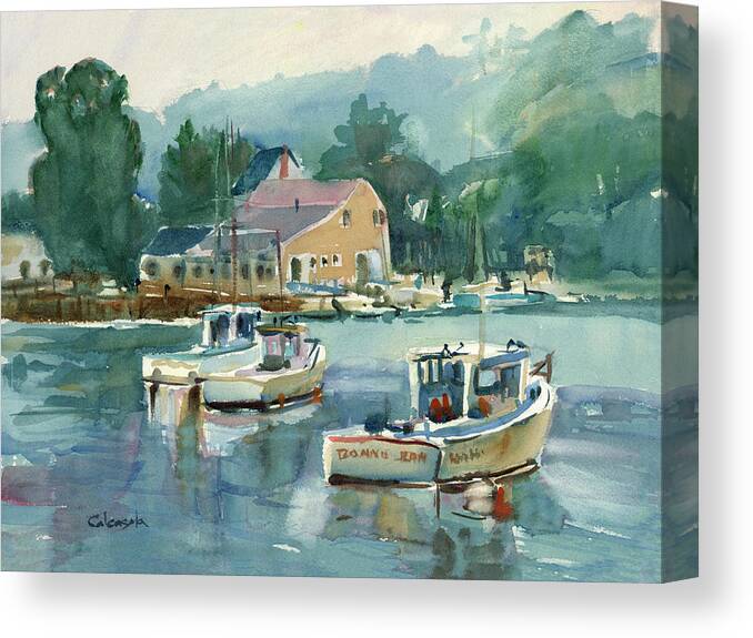 Landscapes Seascapes Canvas Print featuring the painting Maine Lobster Boats by Stephen Calcasola