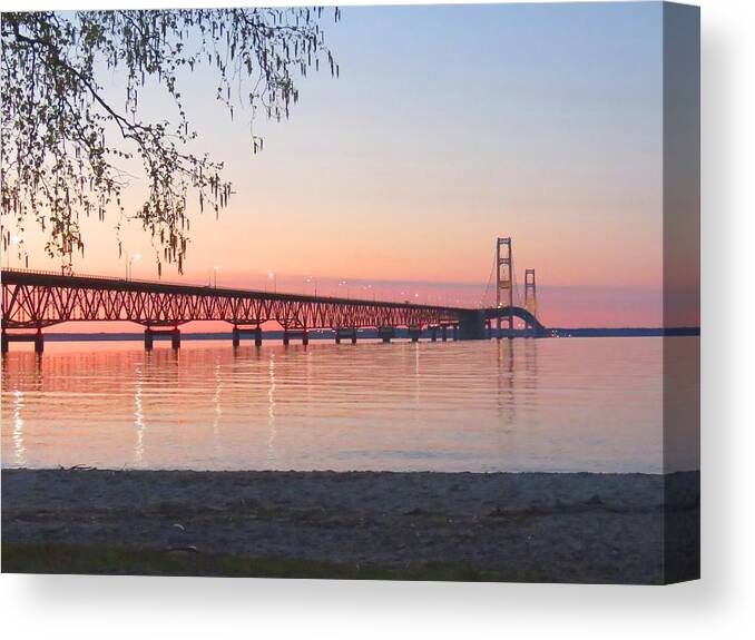 Mackinac Bridge Canvas Print featuring the photograph Mighty Mac and Birch Tree by Keith Stokes