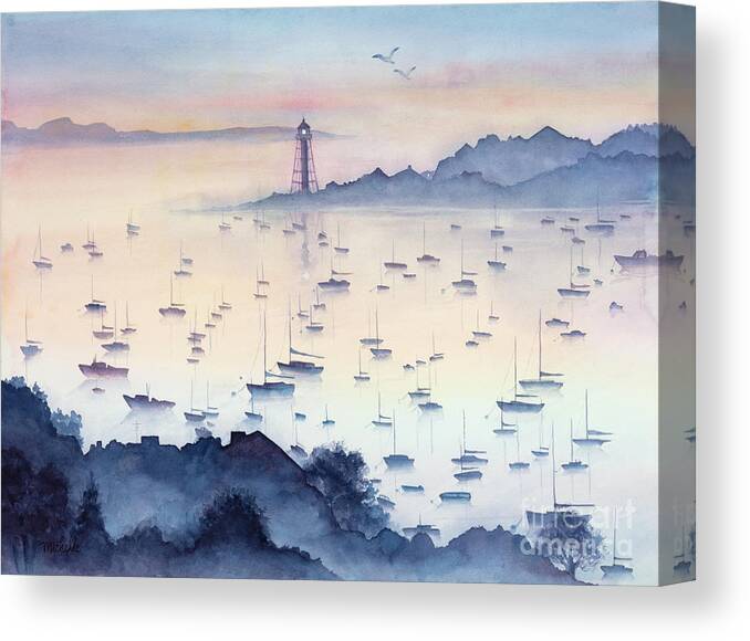 Misty Sunrise Marblehead Harbor Canvas Print featuring the painting Misty Sunrise Marblehead Harbor by Michelle Constantine