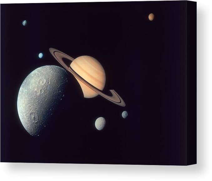 Digital Composite Canvas Print featuring the photograph Moons Of Saturn by Space Frontiers