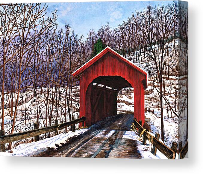 Covered Bridge In Winter Canvas Print featuring the painting Old Red Bridge In Vermont by Thelma Winter