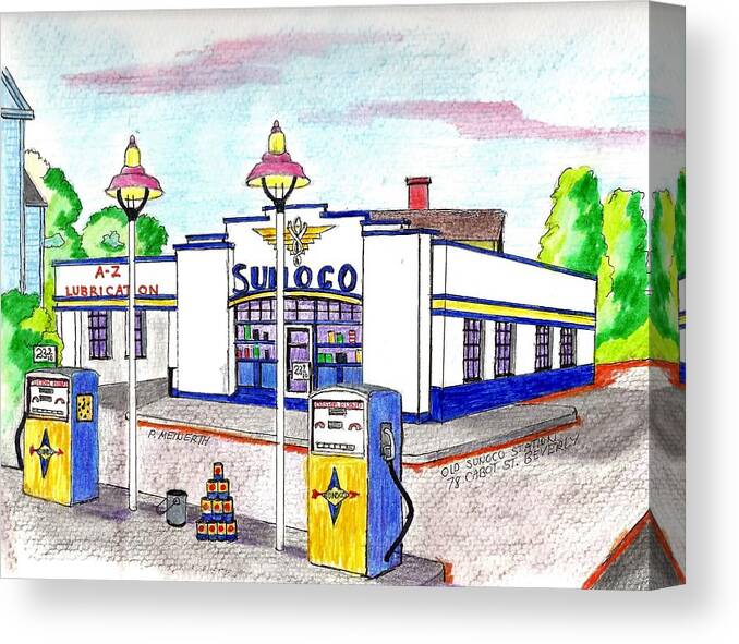 Paul Meinerth Artist Canvas Print featuring the drawing Old Sunoco Gas Station by Paul Meinerth