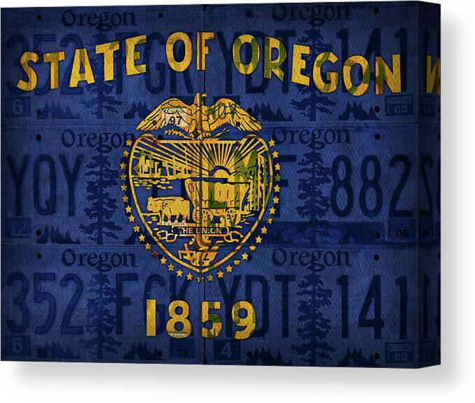 Oregon Canvas Print featuring the mixed media Oregon State Flag License Plate Art Recycled Vintage by Design Turnpike