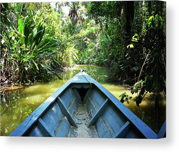 Madre De Dios River Canvas Print featuring the photograph Peru Amazon Boat by Photo, David Curtis
