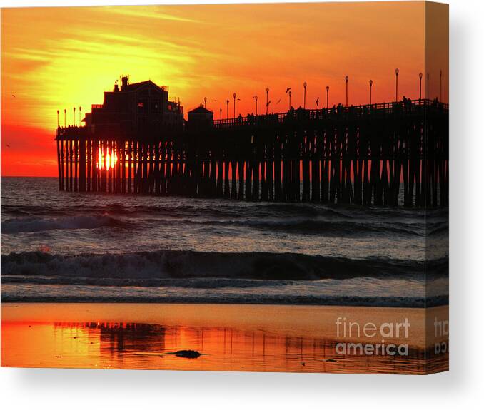 Pacific Ocean Canvas Print featuring the photograph Pier at Sunset by Terri Brewster