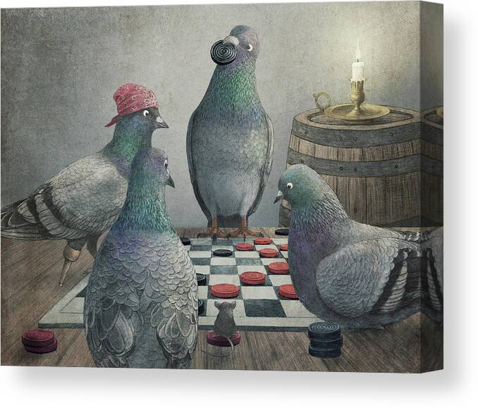 Pigeons Canvas Print featuring the drawing Pigeons Playing Checkers by Eric Fan