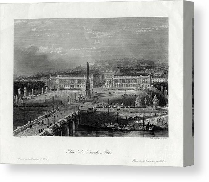 Engraving Canvas Print featuring the drawing Place De La Concorde, Paris, France by Print Collector