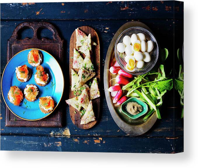 Ip_13190216 Canvas Print featuring the photograph Quail Eggs, Radish, Cucumber, Toast With Cheese, Canape With Smoked Salmon by Karen Thomas
