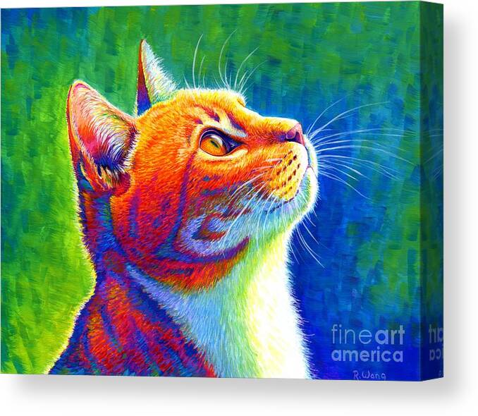 Cat Canvas Print featuring the painting Anticipation - Psychedelic Rainbow Tabby Cat by Rebecca Wang