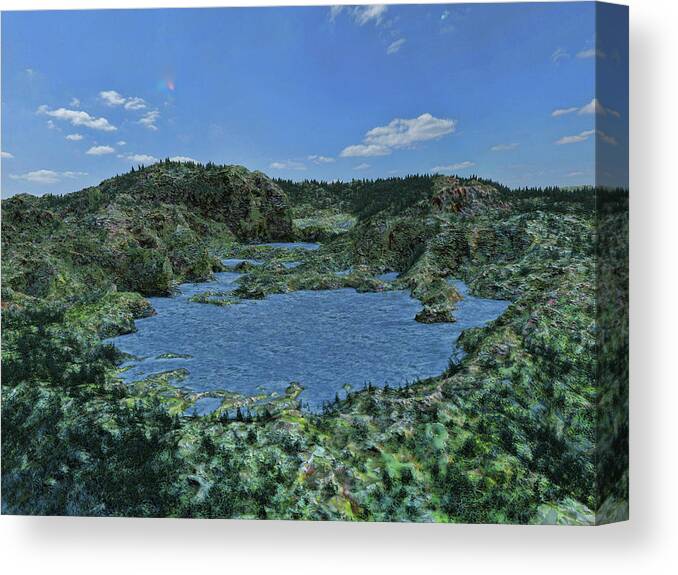 Mountains Canvas Print featuring the digital art Rolling Hills and Lake by David Luebbert