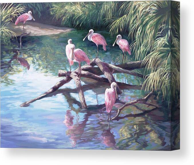 Spoonbills Canvas Print featuring the painting Rosette Spoonbills by Laurie Snow Hein