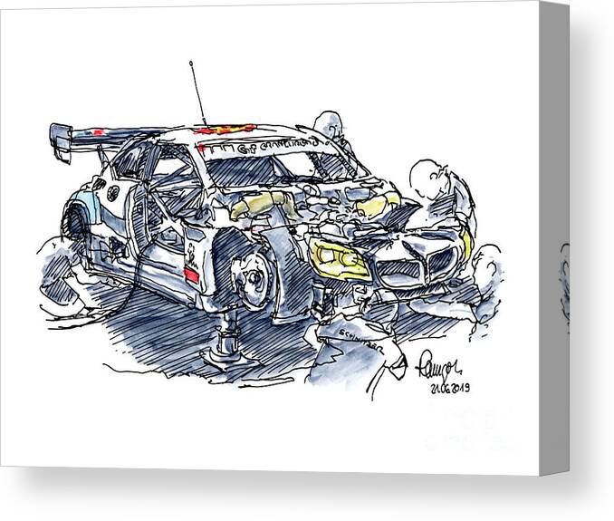 Schnitzer Canvas Print featuring the drawing Schnitzer BMW M6 GT3 Racecar Ink Drawing and Watercolor by Frank Ramspott