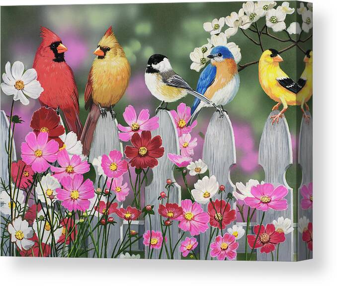 Birds Canvas Print featuring the painting Song Birds And Cosmos by William Vanderdasson