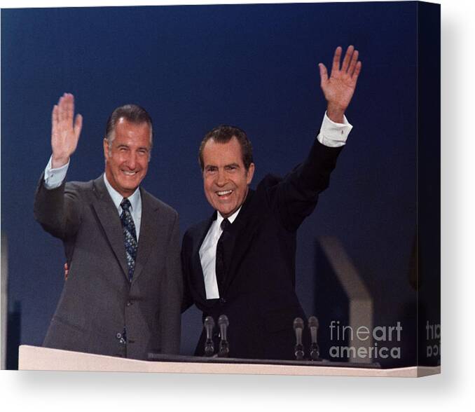 People Canvas Print featuring the photograph Spiro Agnew With Richard Nixon Waving by Bettmann