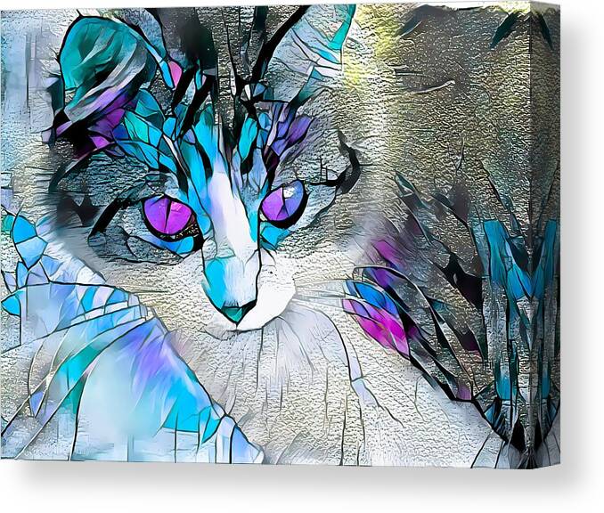 Glass Canvas Print featuring the digital art Stained Glass Cat Stare Purple Eyes by Don Northup