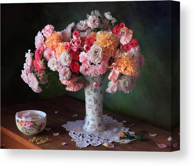 Still Canvas Print featuring the photograph Still Life With A Bouquet Of Garden Roses by Tatyana Skorokhod (??????? ????????)