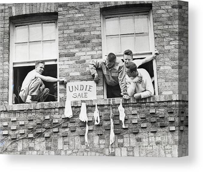 Charity Benefit Canvas Print featuring the photograph Students Hang Lingerie Out Dorm Window by Bettmann