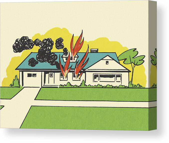 Accident Canvas Print featuring the drawing Suburban House on Fire by CSA Images