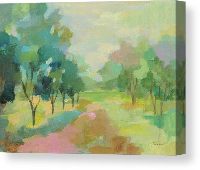 Aqua Canvas Print featuring the painting Sunrise Forest by Silvia Vassileva