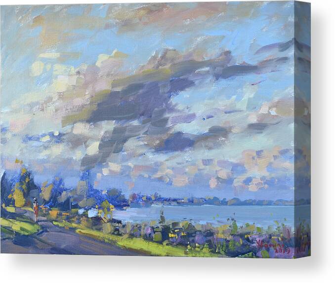 Sunrise Canvas Print featuring the painting Sunrise Light at Gratwick Waterfront Park by Ylli Haruni