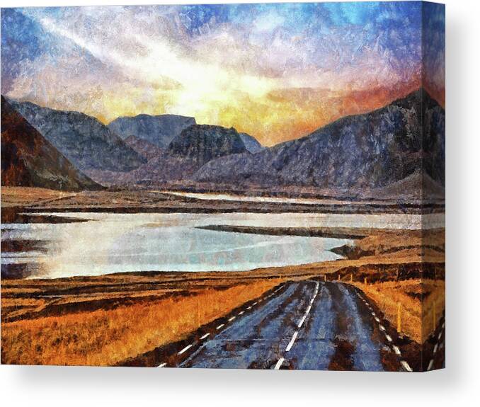 Landscape Canvas Print featuring the digital art Sunrise On the Open Road in Iceland. by Digital Photographic Arts